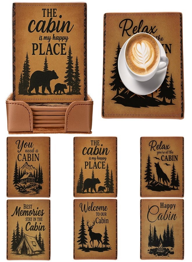 Ferrochef Rustic Cabin Bear Artificial Leather Coasters Set of 6 with Holder Bear Forest Wild Animals Square Leather Drinks Coaster for Farmhouse Country Tabletop Coffee Table Bar Xmas Birthday Gift - Image 1